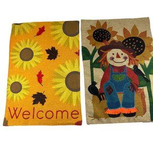 Lot of 2 Garden Flags Fall Autumn Scarecrow Sunflowers Harvest Floral Welcome